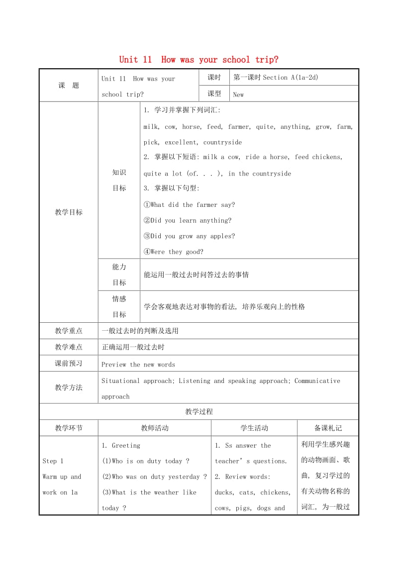 2019版七年级英语下册 Unit 11 How was your school trip教案 （新版）人教新目标版.doc_第1页