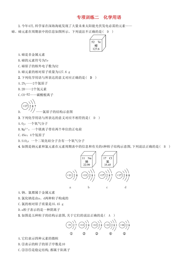 2019届中考化学毕业总复习 第2编 重点专题突破篇 专项训练2 化学用语检测.doc_第1页