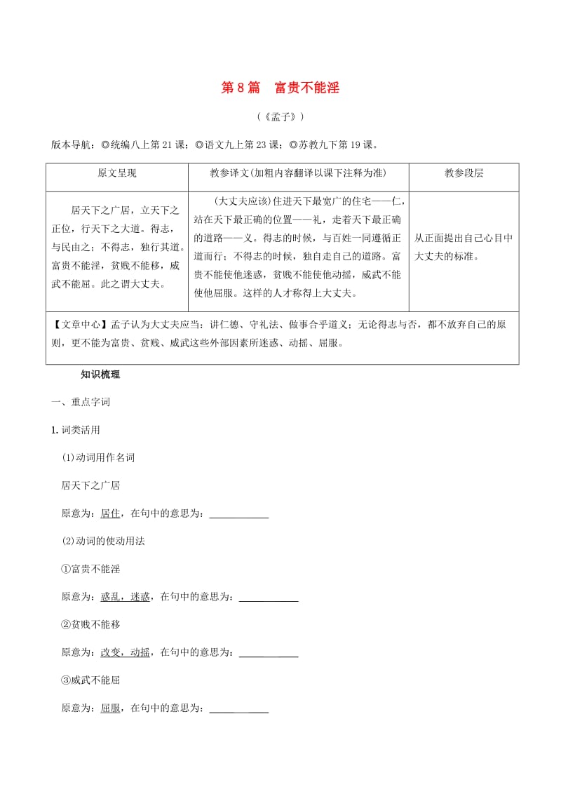 2019年中考语文专题复习精炼课内文言文阅读第8篇富贵不能淫.doc_第1页