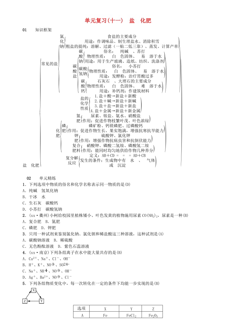 2019届九年级化学下册 第十一单元 盐 化肥 单元复习（十一）盐 化肥同步测试（含18年真题）（新版）新人教版.doc_第1页