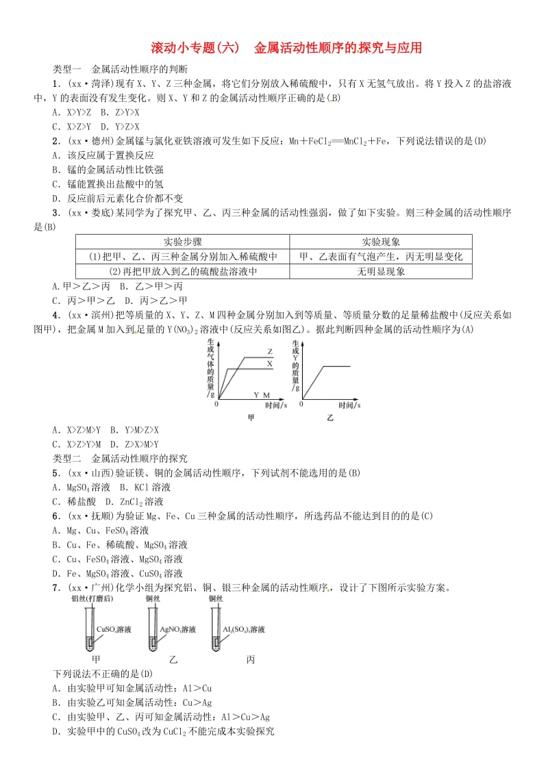 2019届中考化学复习滚动小专题六金属活动性顺序的探究与应用练习鲁教版.doc_第1页