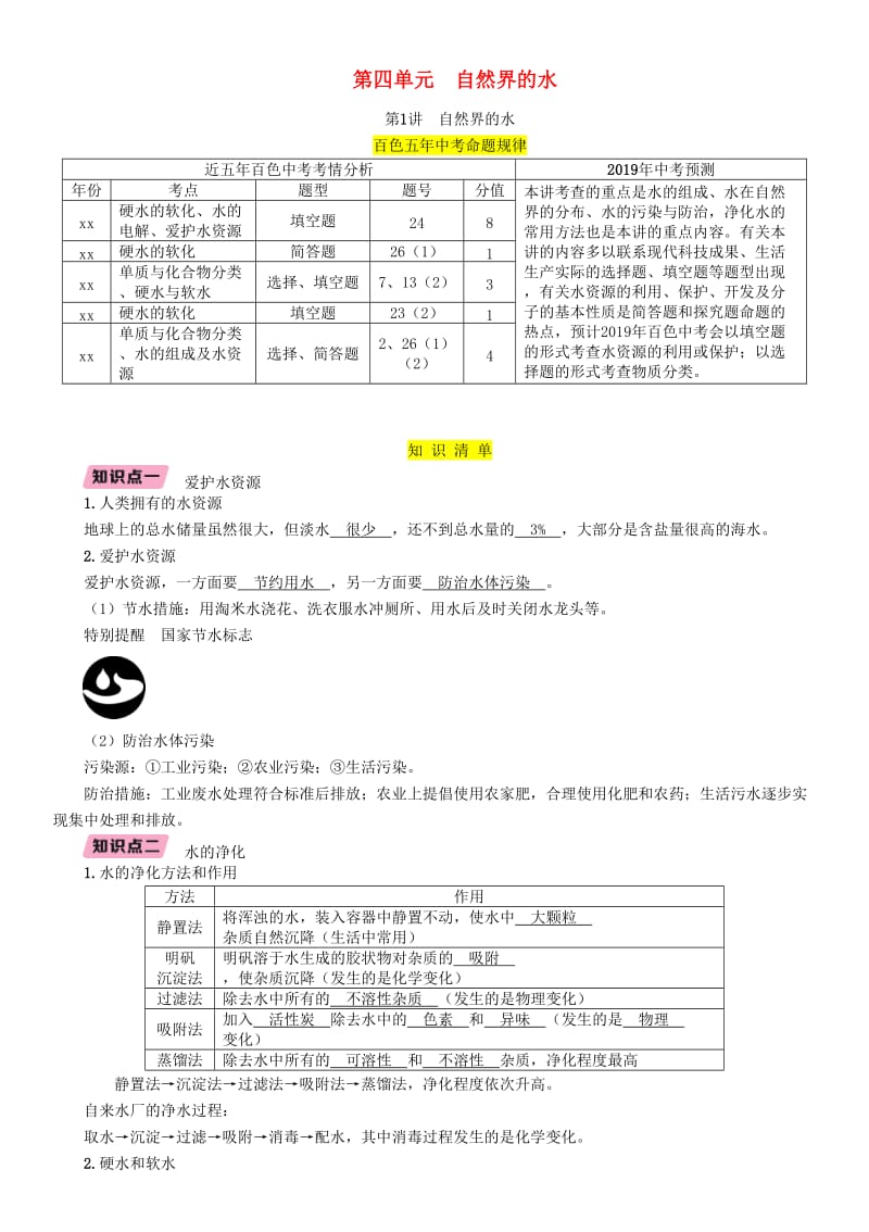 2019届中考化学复习 第1编 教材知识梳理篇 第4单元 自然界的水 第1讲 自然界的水（精讲）练习.doc_第1页