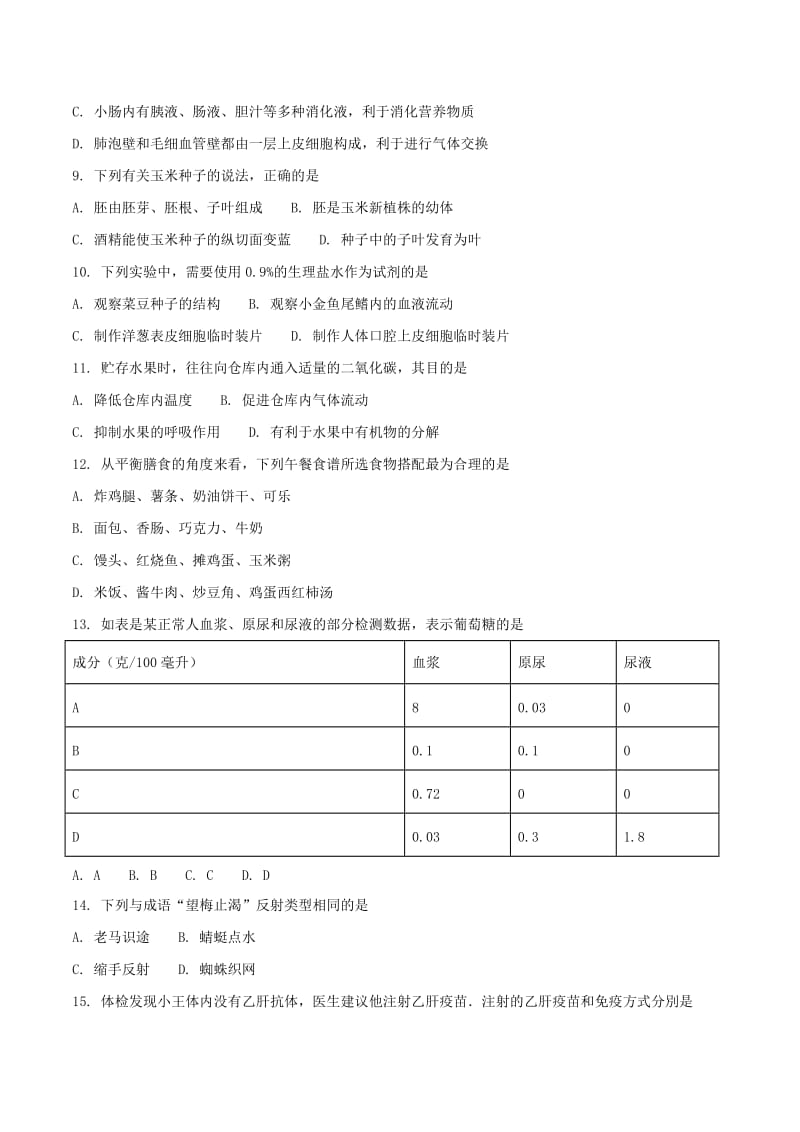 湖北省武汉市中考生物真题试题.doc_第2页