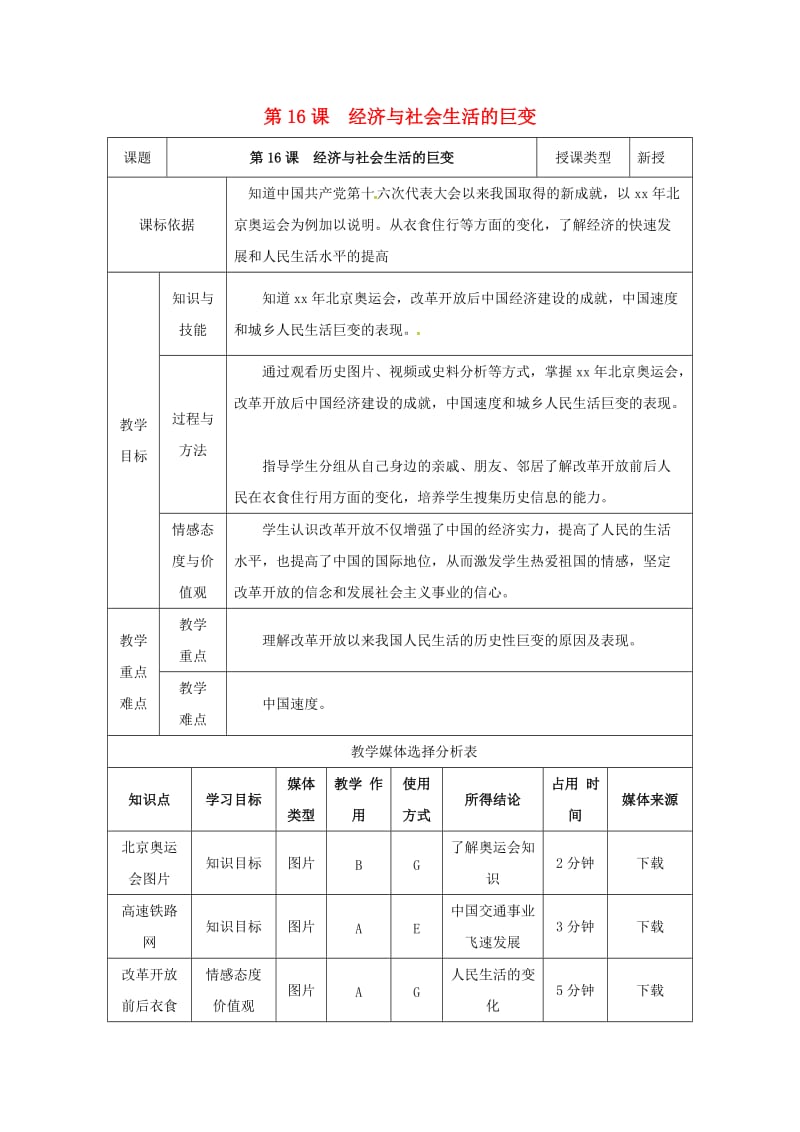 八年级历史下册 第三单元 建设中国特色社会主义 第16课 经济与社会生活的巨变教案 北师大版.doc_第1页