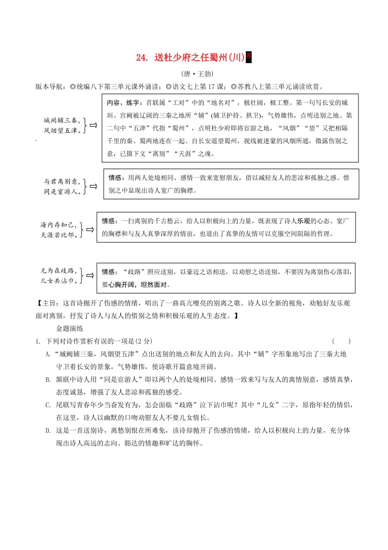 2019年中考语文专题复习精炼古诗词曲鉴赏24送杜少府之任蜀州(川)苏.doc_第1页