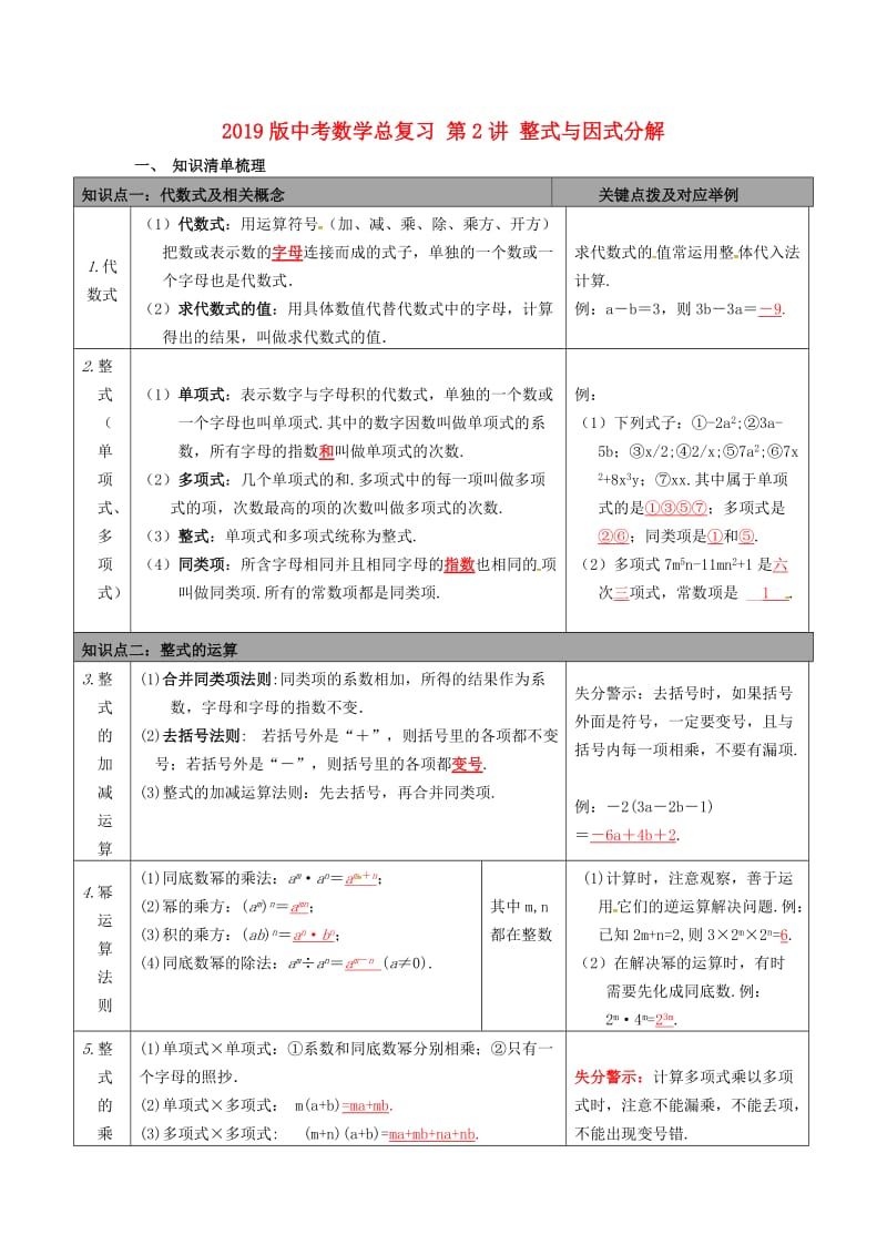 2019版中考数学总复习 第2讲 整式与因式分解.doc_第1页