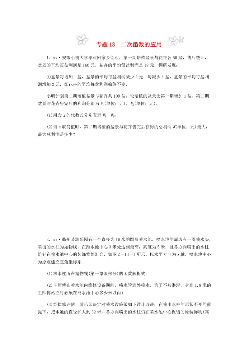 2019年中考数学专题复习小练习 专题13 二次函数的应用.doc_第1页