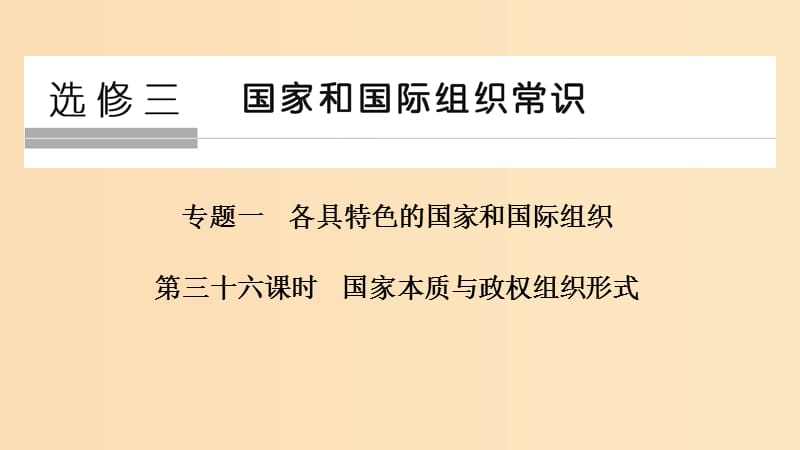 （浙江选考）2020版高考政治一轮复习 国家和国际组织常识 专题一 各具特色的国家和国际组织 第三十六课时 国家本质与政权组织形式课件.ppt_第1页