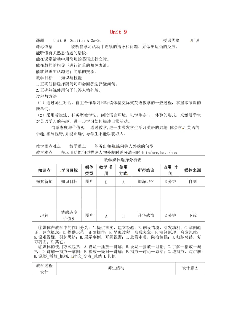 七年级英语下册 Unit 9 What does he look like Section A（2a-2d）教学设计 人教新目标版.doc_第1页