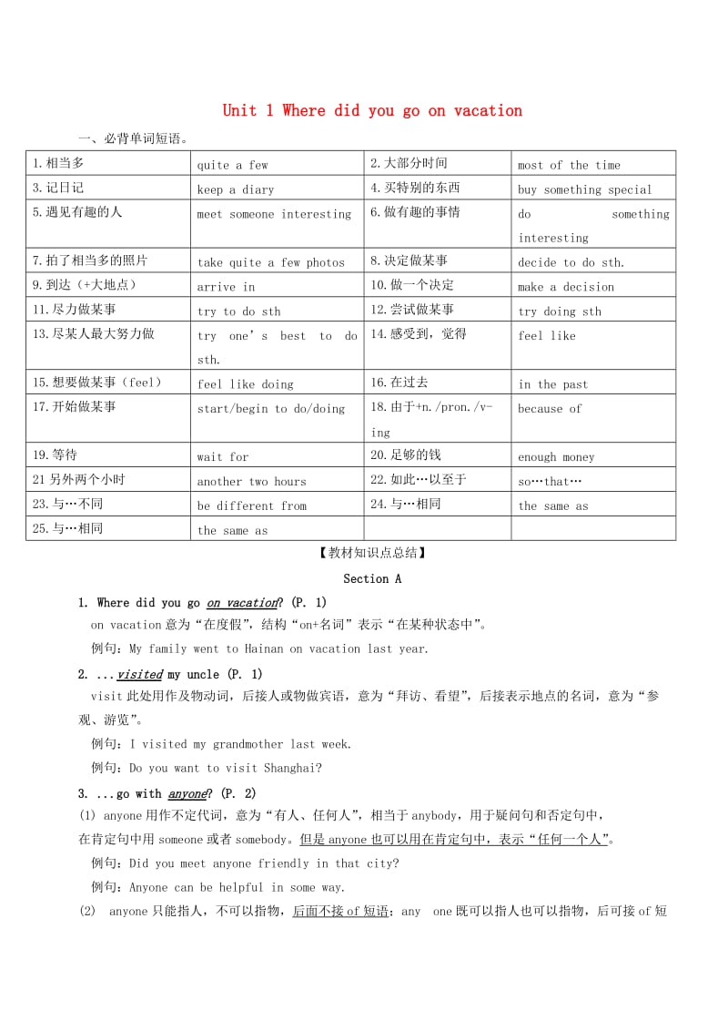 八年级英语上册Unit1Wheredidyougoonvacation短语语法知识点汇总新版人教新目标版.doc_第1页