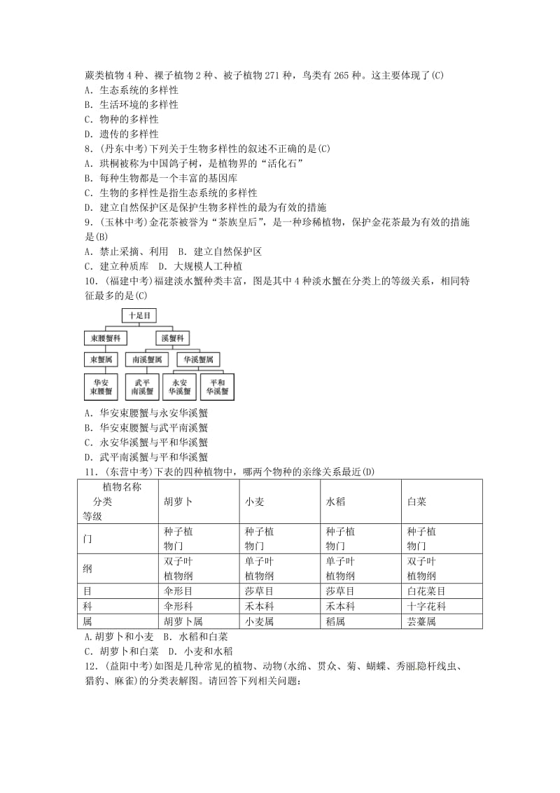 2019年中考生物总复习 主题七 生物的多样性 课时20 认识和保护生物的多样性.doc_第3页