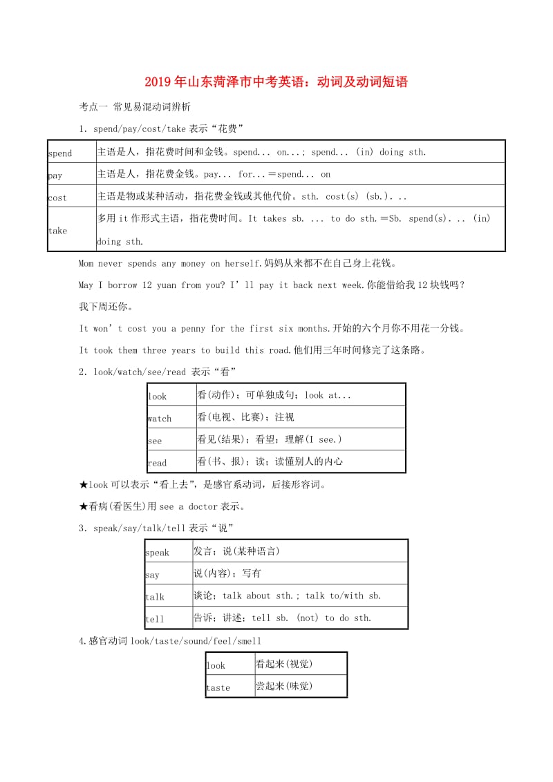 山东省菏泽市2019年中考英语 动词的时态与被动语态四年真题回顾.doc_第1页