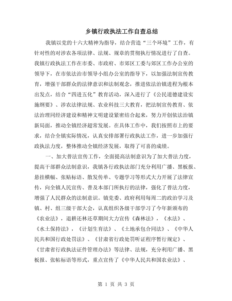 乡镇行政执法工作自查总结.doc_第1页