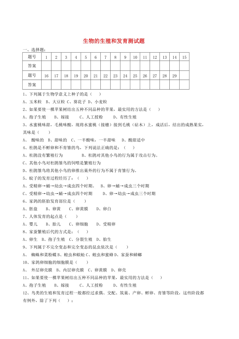 八年级生物下册 第七单元 第一章 生物的生殖和发育测试卷 （新版）新人教版.doc_第1页