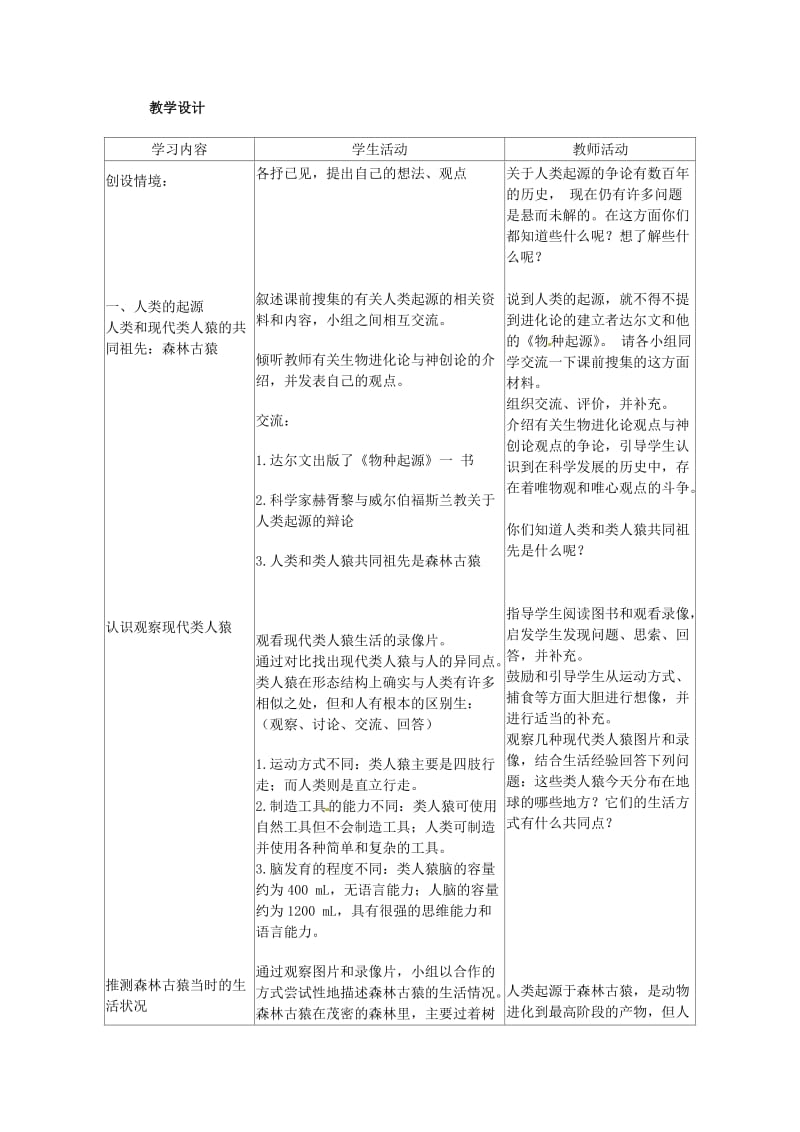 2019年春七年级生物下册 第四单元 第一章 第一节 人类的起源和发展教案 （新版）新人教版.doc_第2页