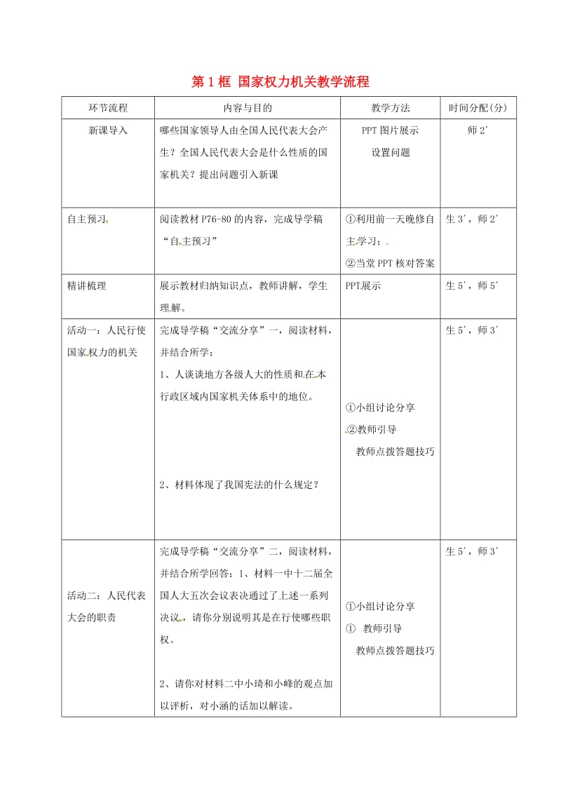 八年级道德与法治下册 第三单元 人民当家作主 第六课 我国国家机构 第1框 国家权力机关教学流程 新人教版.doc_第1页