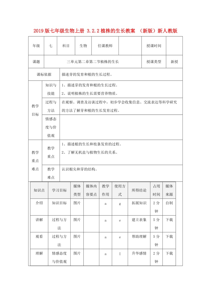 2019版七年级生物上册 3.2.2植株的生长教案 （新版）新人教版.doc_第1页