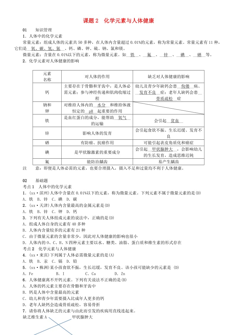 2019届九年级化学下册第十二单元化学与生活课题2化学元素与人体降同步测试含18年真题 新人教版.doc_第1页