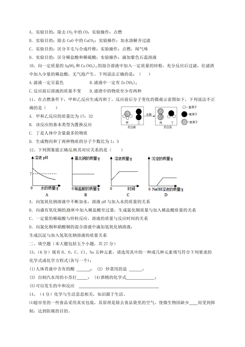 2019版九年级化学下学期模拟考试试题（三）.doc_第2页