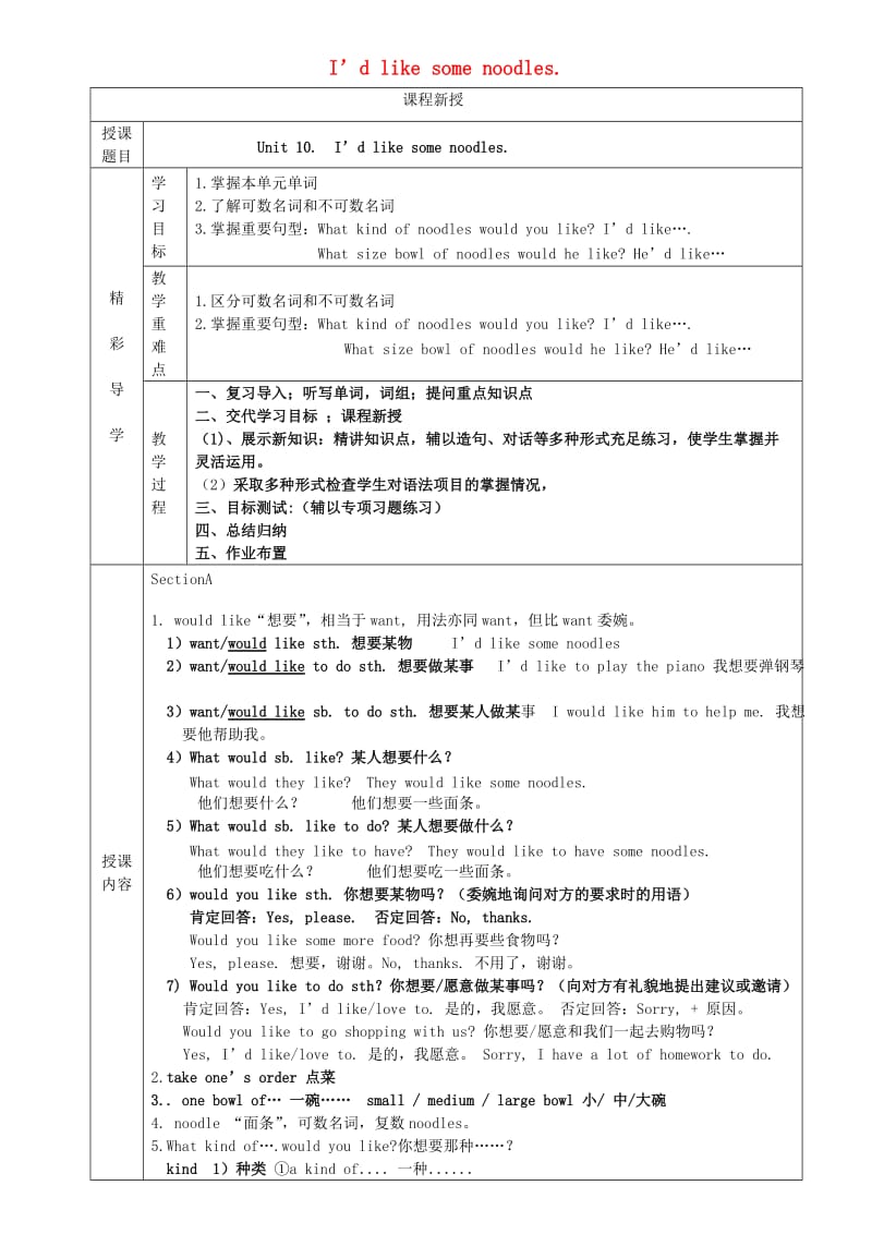 七年级英语下册 Unit 10 I’d like some noodles讲义+习题（新版）人教新目标版.doc_第1页
