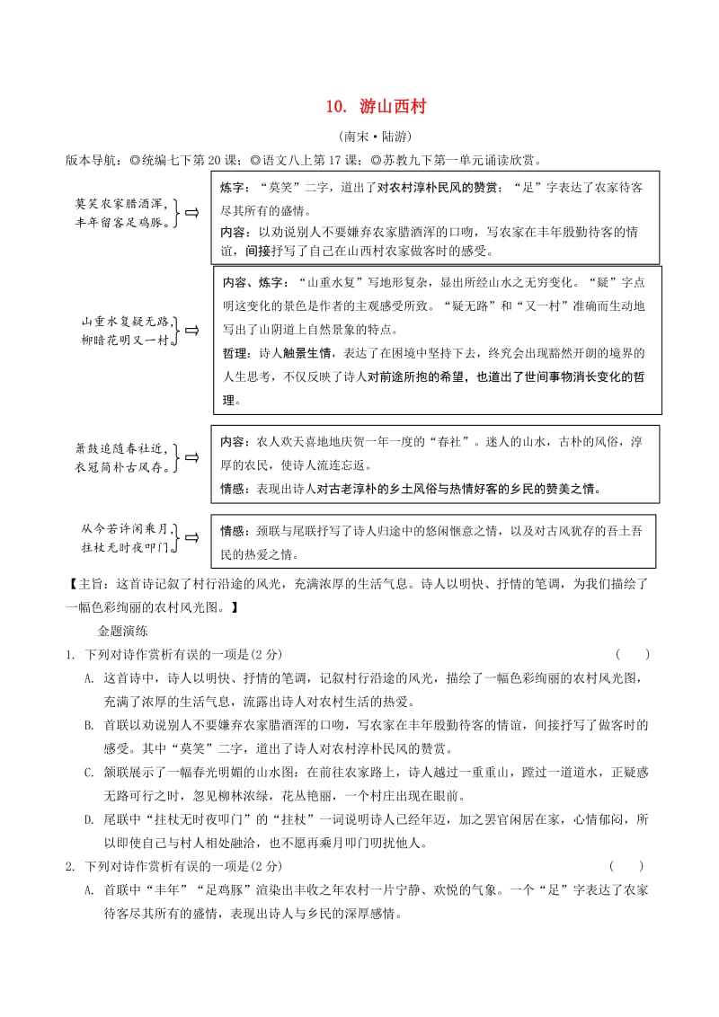 2019年中考语文专题复习精炼古诗词曲鉴赏10游山西村.doc_第1页