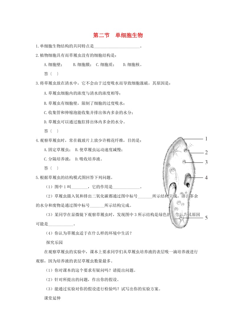 七年级生物上册 2.2.4《单细胞生物》同步练习1 （新版）新人教版.doc_第1页