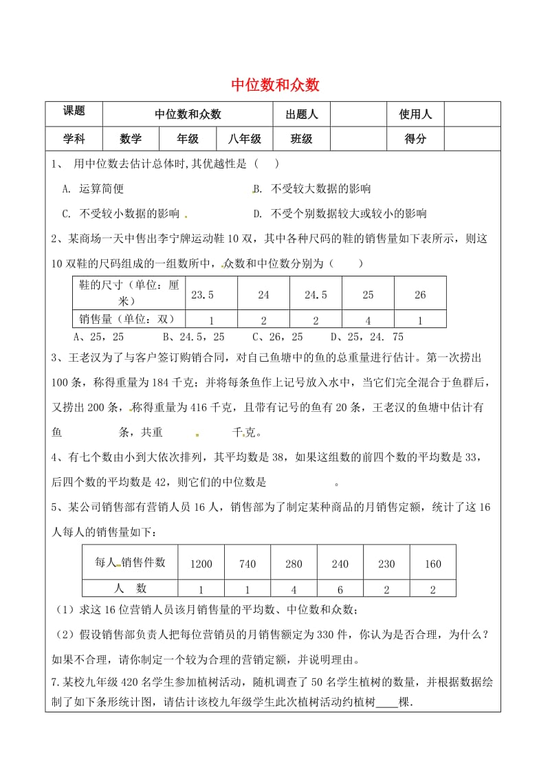 八年级数学下册 20.1.2 中位数和众数当堂检测（新版）新人教版.doc_第1页