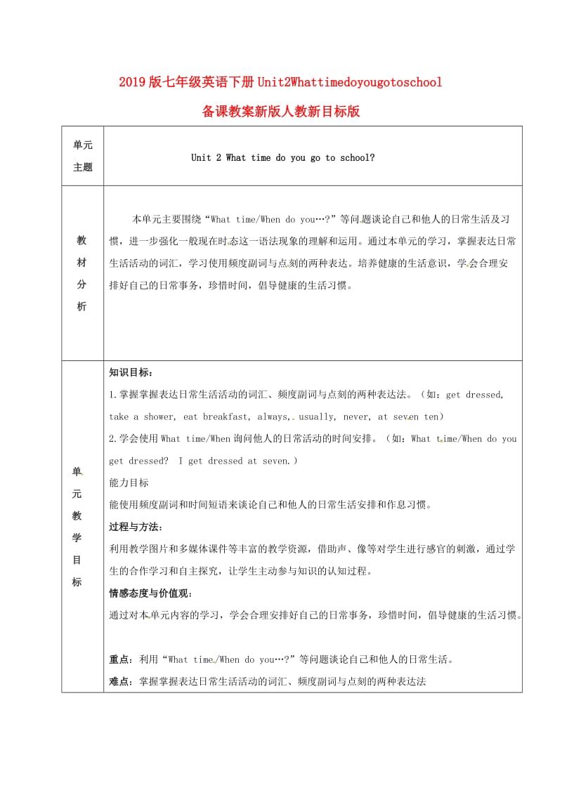 2019版七年级英语下册Unit2Whattimedoyougotoschool备课教案新版人教新目标版.doc_第1页