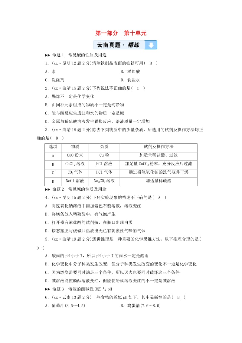 云南专用版2019版中考化学第1部分教材同步复习第10单元酸和碱真题精练.doc_第1页