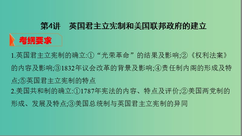 湘教考苑2020版高考歷史大一輪復習第4講英國君主立憲制和美國聯(lián)邦政府的建立課件.ppt_第1頁