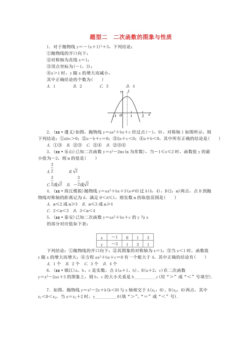 中考数学二轮复习 专题一 选填重难点题型突破 题型二 二次函数的图象与性质试题.doc_第1页