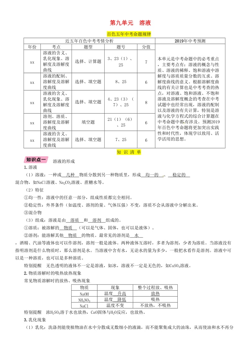 2019届中考化学复习 第1编 教材知识梳理篇 第9单元 溶液（精讲）练习.doc_第1页