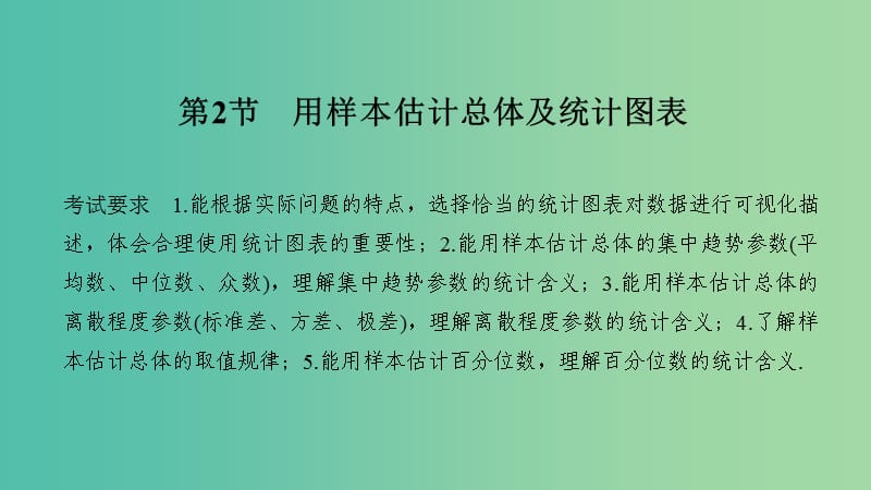 2020版高考数学大一轮复习 第九章 统计 第2节 用样本估计总体及统计图表课件 理 新人教A版.ppt_第1页