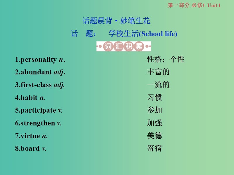 （江苏版）2019届高考英语一轮复习 第一部分 基础考点聚焦 Unit 1 School life课件 牛津译林版必修1.ppt_第2页