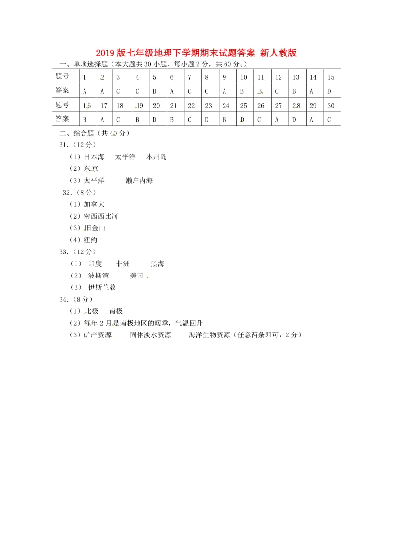 2019版七年级地理下学期期末试题答案 新人教版.doc_第1页