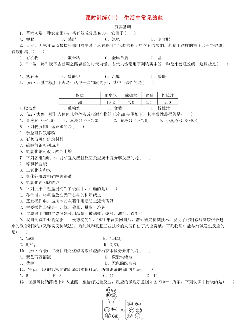 北京市中考化学基础复习 课时训练（十）生活中常见的盐练习.doc_第1页