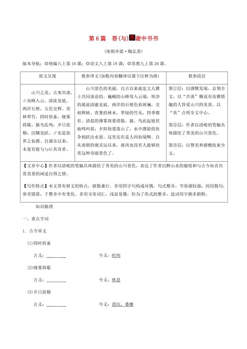 2019年中考语文专题复习精炼课内文言文阅读第6篇答与谢中书书.doc_第1页