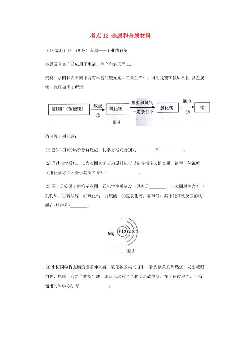 中考化学真题分类汇编 2 我们身边的物质 考点12 金属和金属材料 2 具体金属 镁.doc_第1页