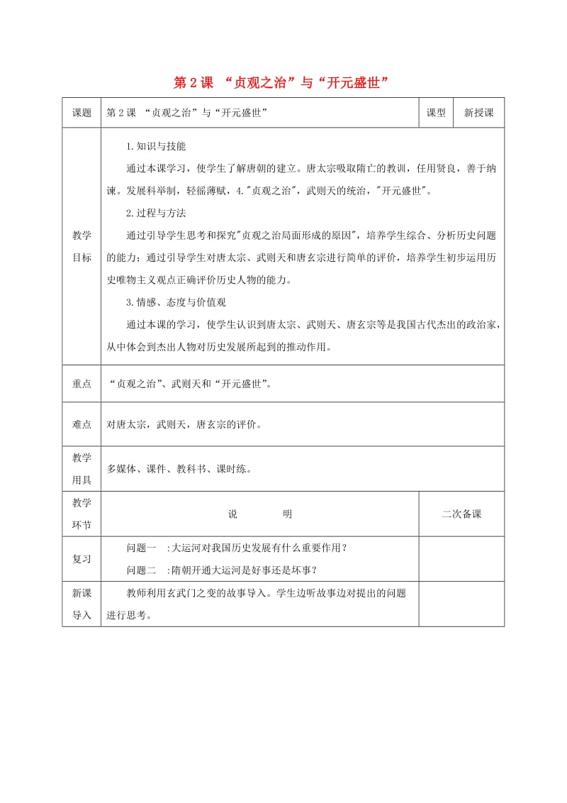 七年级历史下册 第一单元 隋唐时期：繁荣与开放的时代 第2课“贞观之治”与“开元盛世”教案 新人教版.doc_第1页