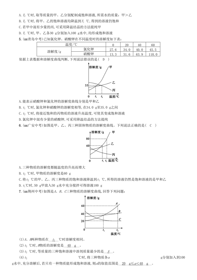 2019届中考化学毕业总复习 第2编 重点专题突破篇 专项训练3 溶解度曲线检测.doc_第2页