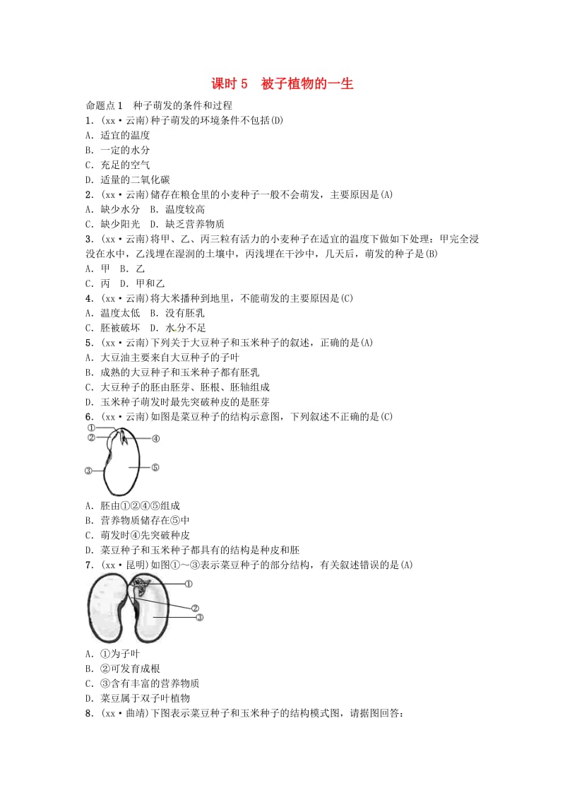 云南专版2019届中考生物教材考点梳理第5课时被子植物的一生.doc_第1页