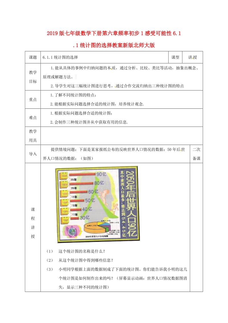 2019版七年级数学下册第六章频率初步1感受可能性6.1.1统计图的选择教案新版北师大版.doc_第1页