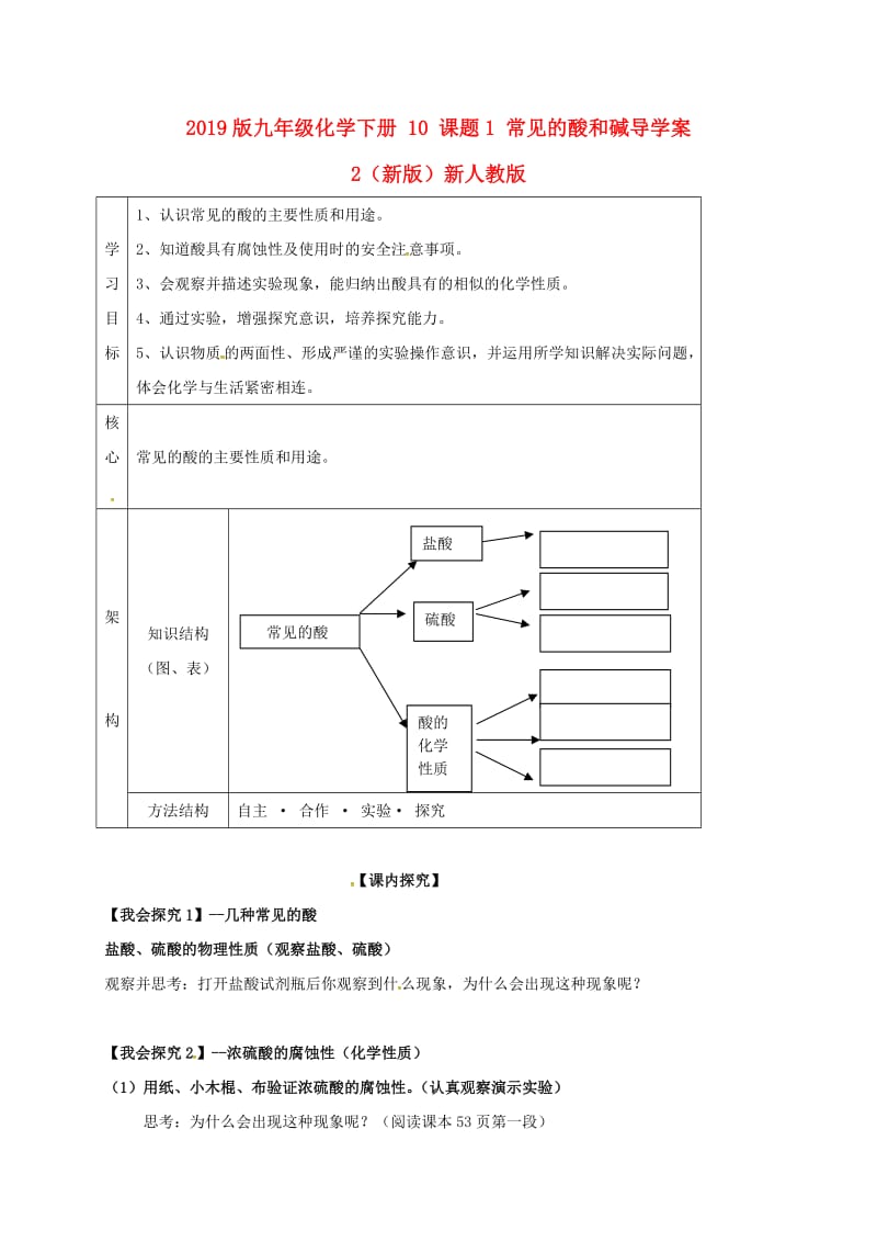 2019版九年级化学下册 10 课题1 常见的酸和碱导学案2（新版）新人教版.doc_第1页