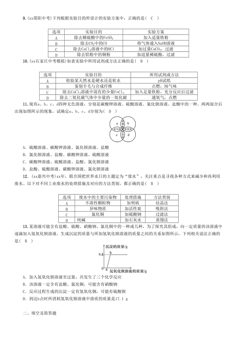 中考化学复习 第一编 教材知识梳理篇 模块五 科学探究 课时18 物质的检验、鉴别、共存和除杂练习.doc_第2页