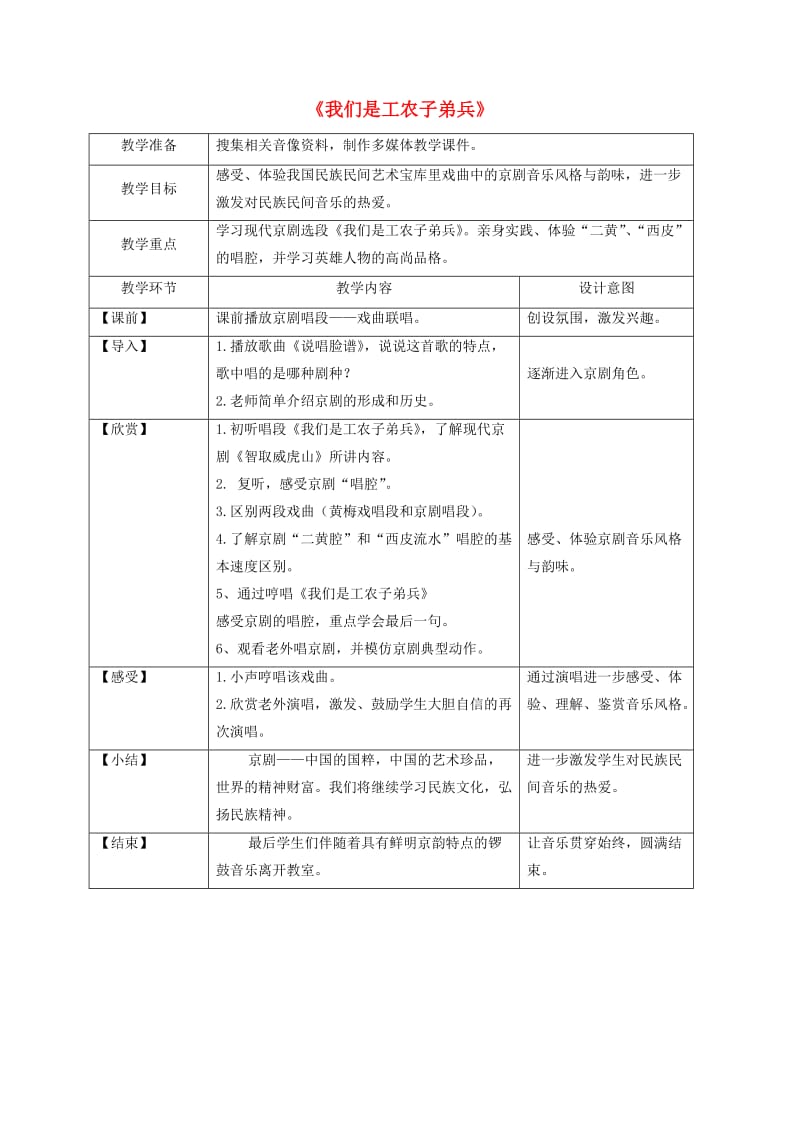 八年级音乐下册 第5单元 欣赏《我们是工农子弟兵》教案3 人音版.doc_第1页