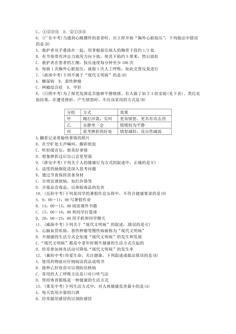 2019年中考生物总复习 主题八 健康地生活课时23用药与急救和健康的生活方式.doc_第3页