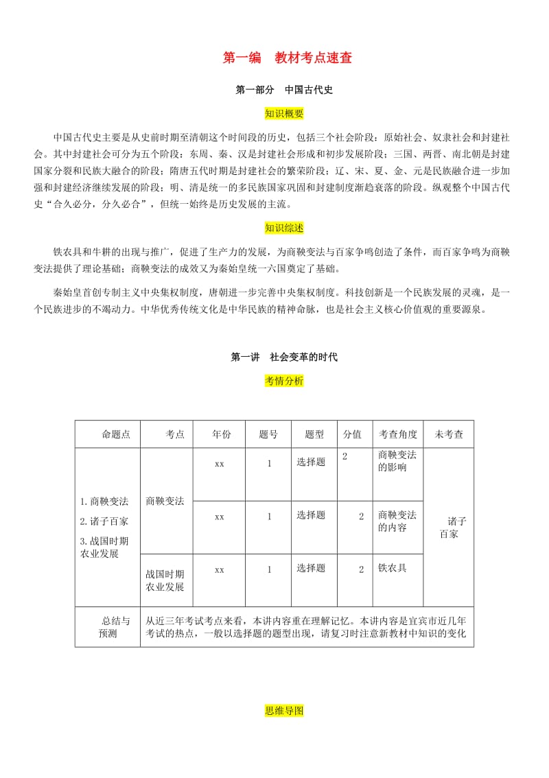 （宜宾专版）2019届中考历史总复习 第一编 教材考点速查 第一部分 中国古代史 第一讲 社会变革的时代试题.doc_第1页