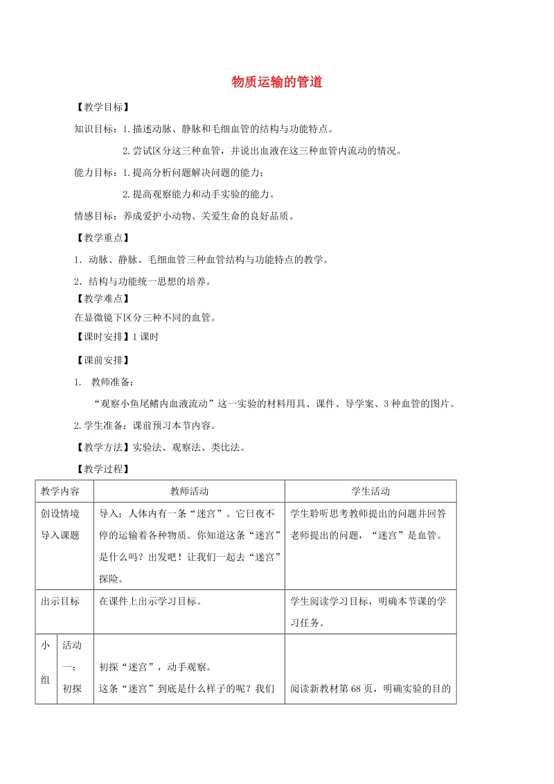 七年级生物上册 4.4.2物质运输的管道教学设计 鲁科版五四制.doc_第1页