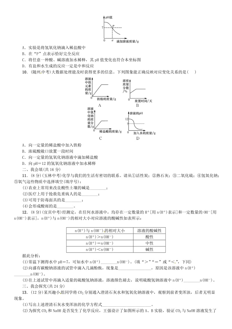 2018-2019学年九年级化学下册 第十单元 酸和碱周周练同步练习 （新版）新人教版.doc_第2页