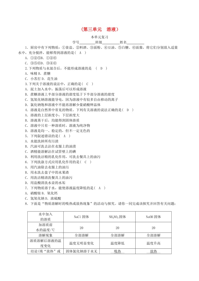 2018-2019学年度九年级化学上册 第三单元 溶液单元复习课时练习 （新版）鲁教版.doc_第1页